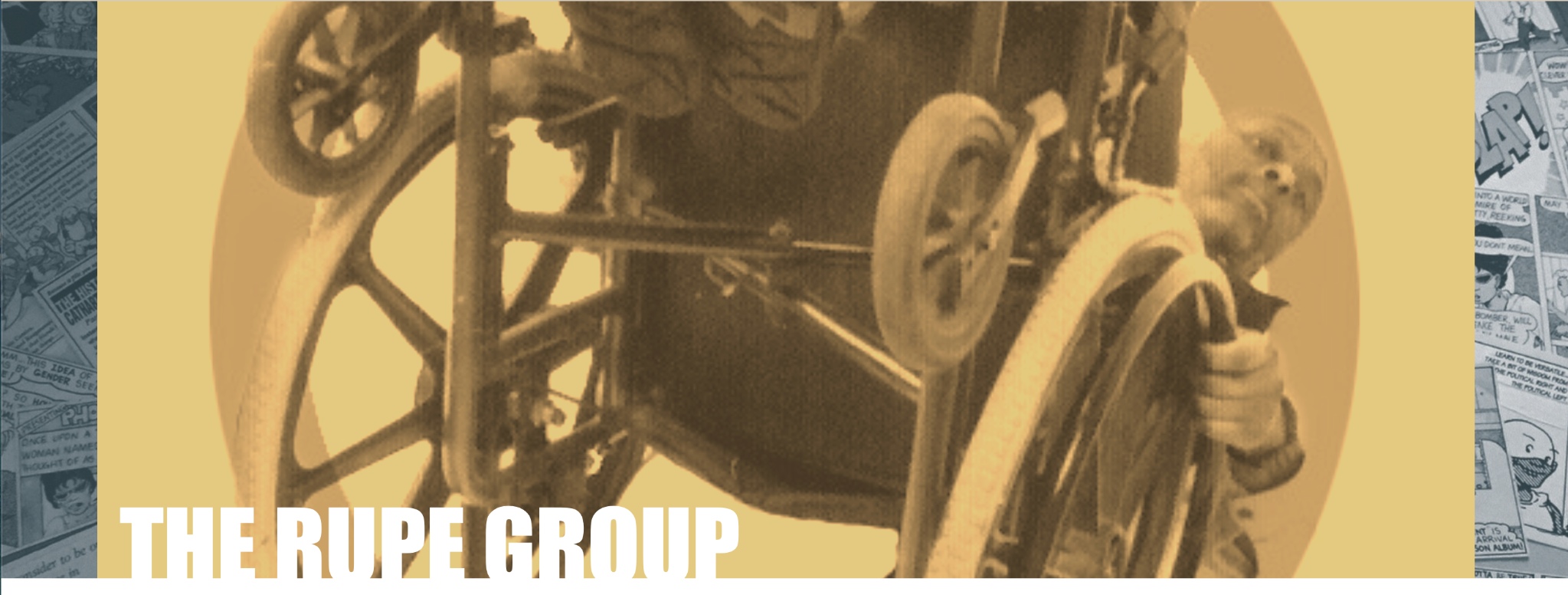 The Rupe Group wheelchair artwork with Cathartic Comics collage background